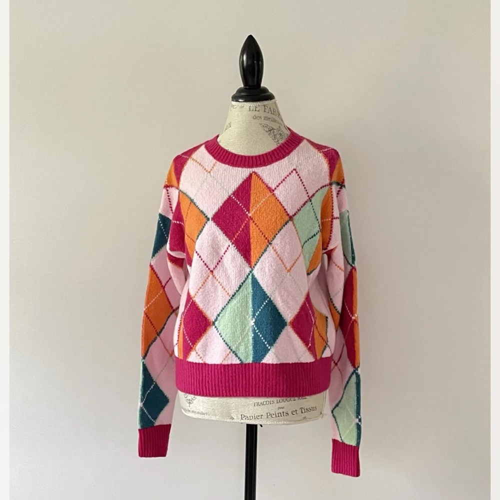 Halogen X Atlantic-Pacific Argyle Sweater In Pink Opal Argyle V-Neck NWOT